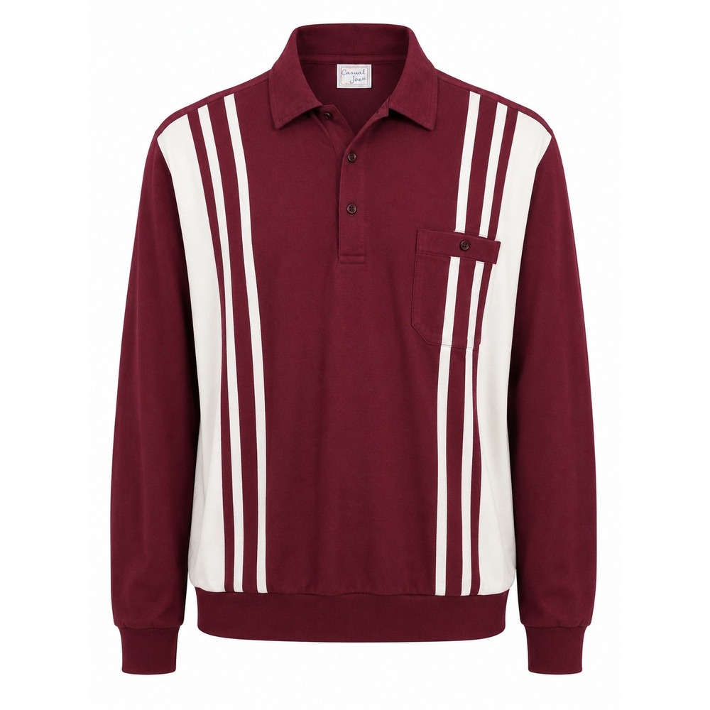 Vintage 80s Haband Casual Joe Men's XL Burgundy White Striped Long Sleeve Polo‎